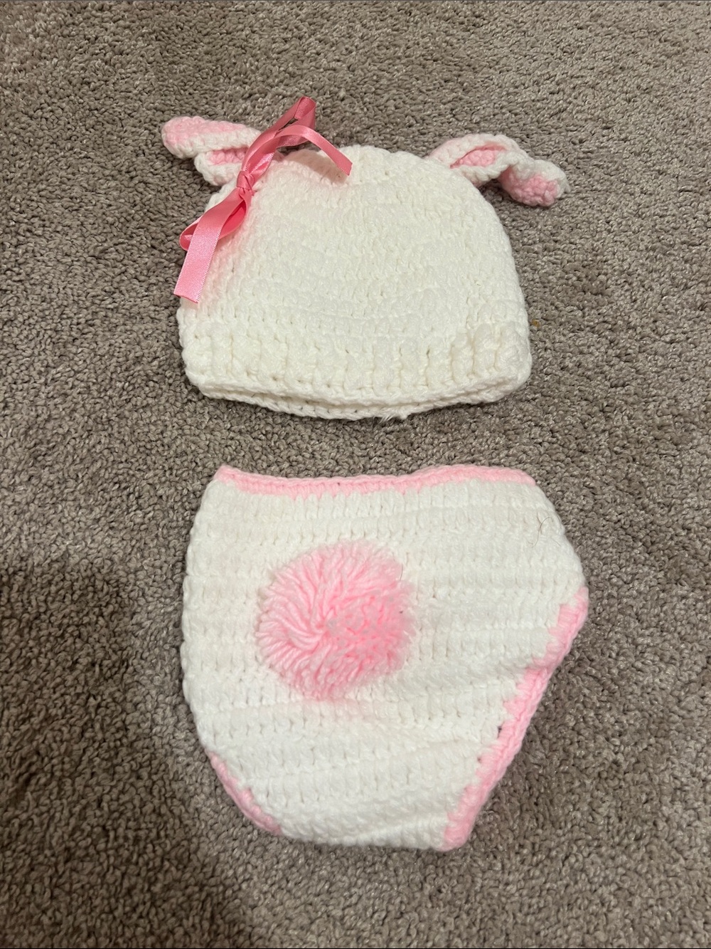 Handmade White & Pink Bunny Hat and Diaper Cover Set for Babies